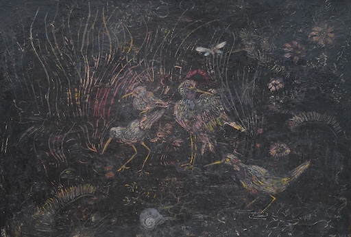 Jo Jo, mid 20th century New Zealand School, oil on board, Kiwis in undergrowth, signed and dated 1965, 50 x 73cm. Condition - fair